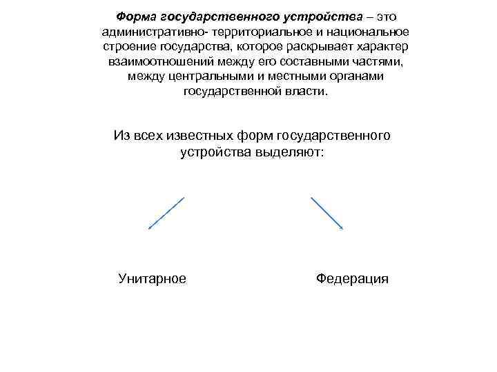 Форма государственного устройства – это административно- территориальное и национальное строение государства, которое раскрывает характер