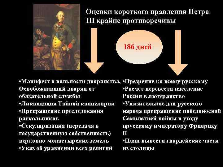 Оценки короткого правления Петра III крайне противоречивы 186 дней • Манифест о вольности дворянства,