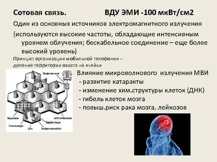 Сотовая связь. ВДУ ЭМИ -100 мк. Вт/см 2 Один из основных источников электромагнитного излучения