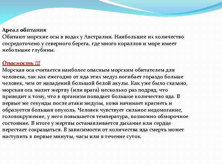 Ареал обитания Обитают морские осы в водах у Австралии. Наибольшее их количество сосредоточено у