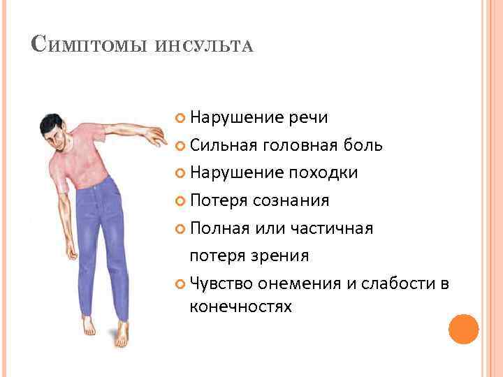 СИМПТОМЫ ИНСУЛЬТА Нарушение речи Сильная головная боль Нарушение походки Потеря сознания Полная или частичная