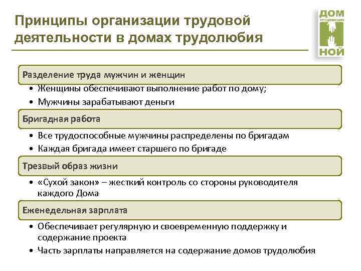 Принципы организации трудовой деятельности в домах трудолюбия Разделение труда мужчин и женщин • Женщины