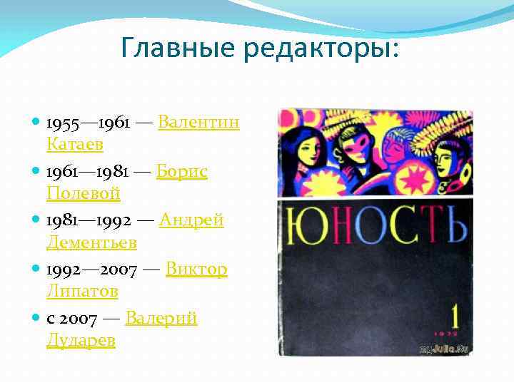  Главные редакторы: 1955— 1961 — Валентин Катаев 1961— 1981 — Борис Полевой 1981—