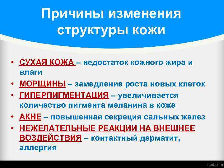 Причины изменения структуры кожи • СУХАЯ КОЖА – недостаток кожного жира и влаги •