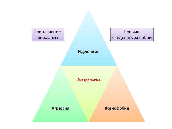 Привлечение внимания Призыв следовать за собой Идеология Экстремизм Агрессия Ксенофобия 