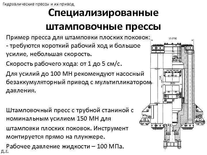 Гидравлические прессы и их привод Специализированные штамповочные прессы Пример пресса для штамповки плоских поковок: