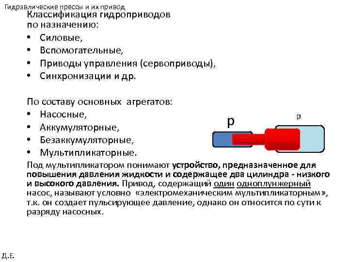 Гидравлические прессы и их привод Классификация гидроприводов по назначению: • Силовые, • Вспомогательные, •