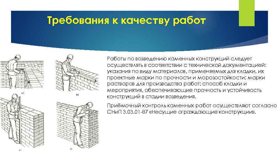 Требования к качеству работ Работы по возведению каменных конструкций следует осуществлять в соответствии с