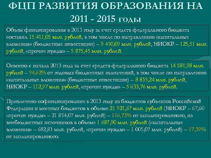 ФЦП РАЗВИТИЯ ОБРАЗОВАНИЯ НА 2011 - 2015 годы Объем финансирования в 2013 году за