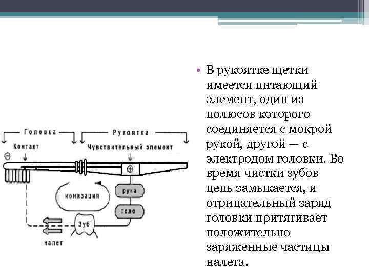  • В рукоятке щетки имеется питающий элемент, один из полюсов которого соединяется с