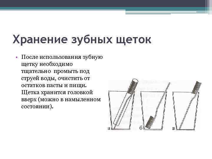 Хранение зубных щеток • После использования зубную щетку необходимо тщательно промыть под струей воды,