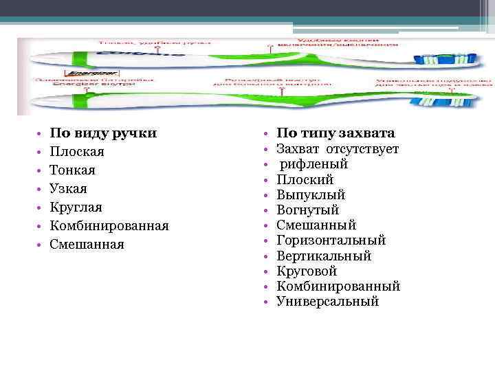 • • По виду ручки Плоская Тонкая Узкая Круглая Комбинированная Смешанная • •