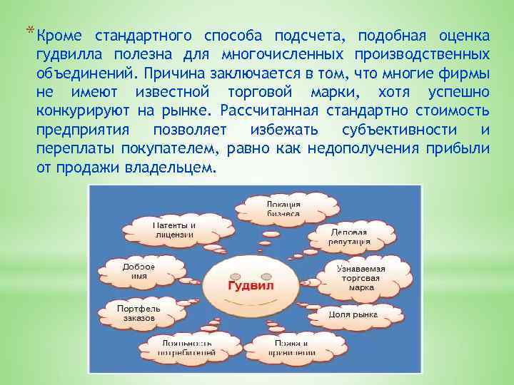 *Кроме стандартного способа подсчета, подобная оценка гудвилла полезна для многочисленных производственных объединений. Причина заключается