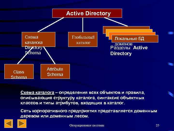 Active Directory Схема каталога Directory Schema Class Schema Глобальный каталог Локальные БД доменов Разделы