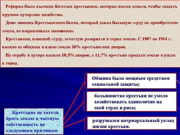 Реформа была выгодна богатым крестьянам, которые имели деньги, чтобы создать крупное хуторское хозяйство. Даже