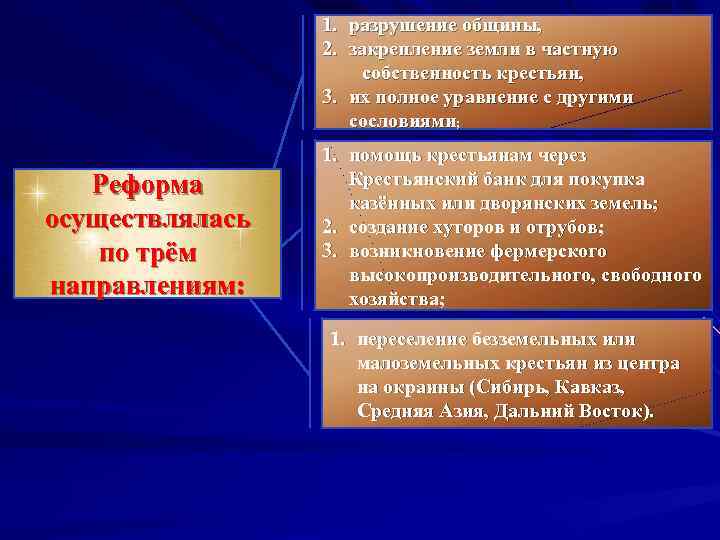 1. 2. разрушение общины, закрепление земли в частную собственность крестьян, 3. их полное уравнение