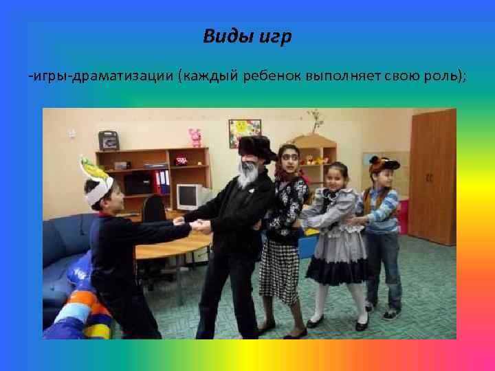 Виды игр -игры-драматизации (каждый ребенок выполняет свою роль); 