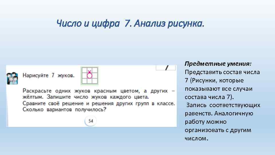 Число и цифра 7. Анализ рисунка. Предметные умения: Представить состав числа 7 (Рисунки, которые