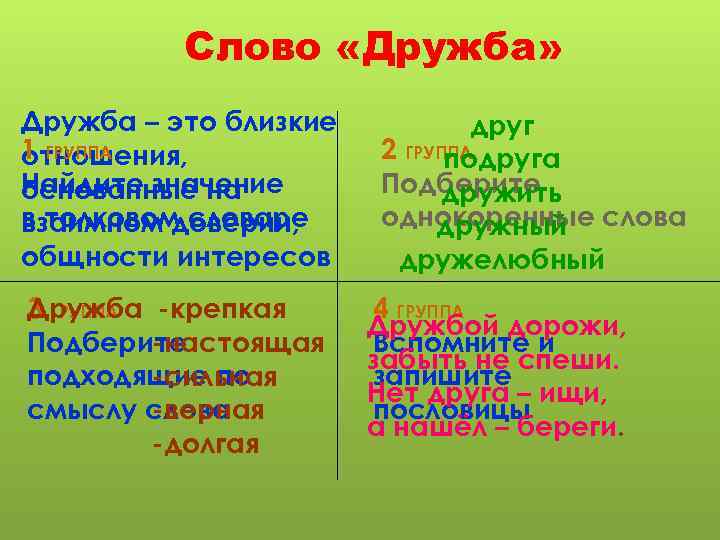 Слово «Дружба» Дружба – это близкие 1 ГРУППА отношения, Найдите значение основанные на в
