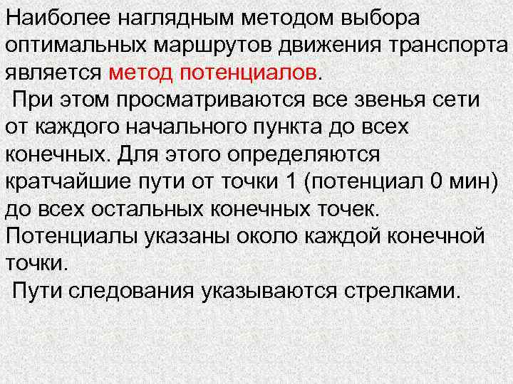 Наиболее наглядным методом выбора оптимальных маршрутов движения транспорта является метод потенциалов. При этом просматриваются