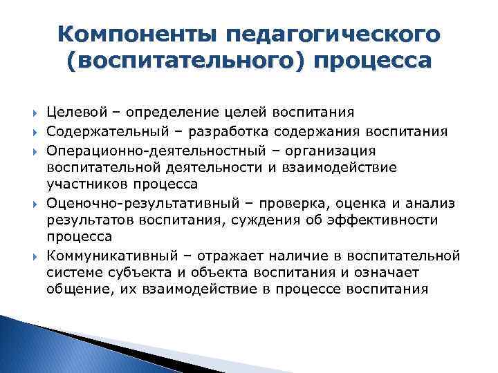 Компоненты педагогического (воспитательного) процесса Целевой – определение целей воспитания Содержательный – разработка содержания воспитания