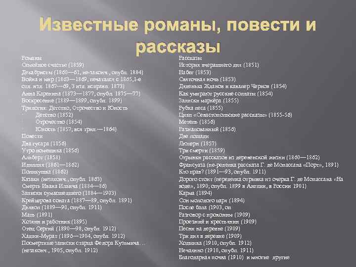 Известные романы, повести и рассказы Романы Семейное счастье (1859) Декабристы (1860— 61, не законч.