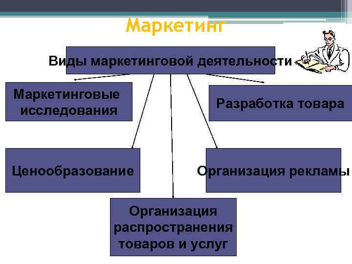 Маркетинг Виды маркетинговой деятельности Маркетинговые исследования Ценообразование Разработка товара Организация рекламы Организация распространения товаров