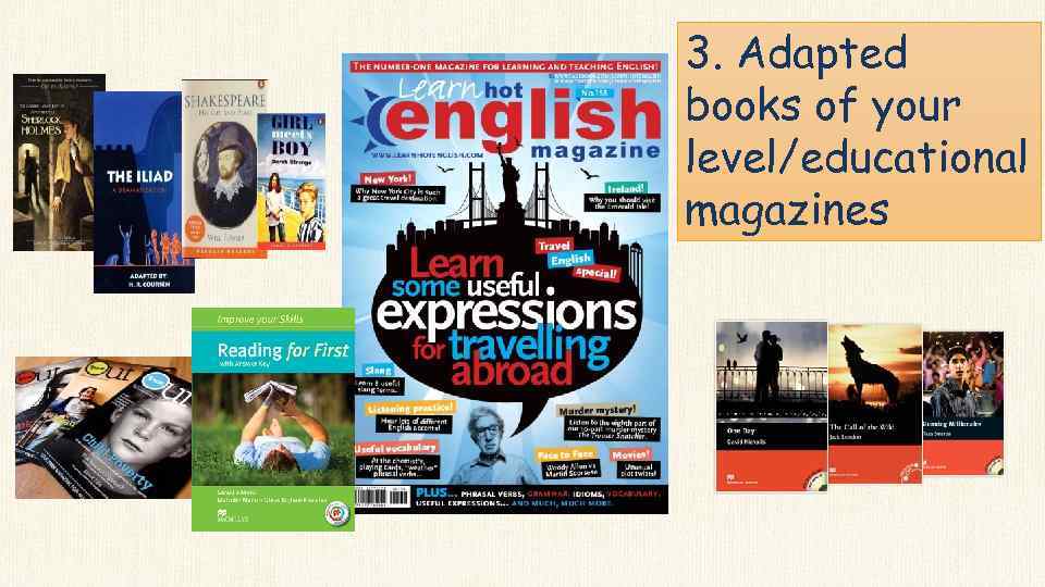3. Adapted books of your level/educational magazines 