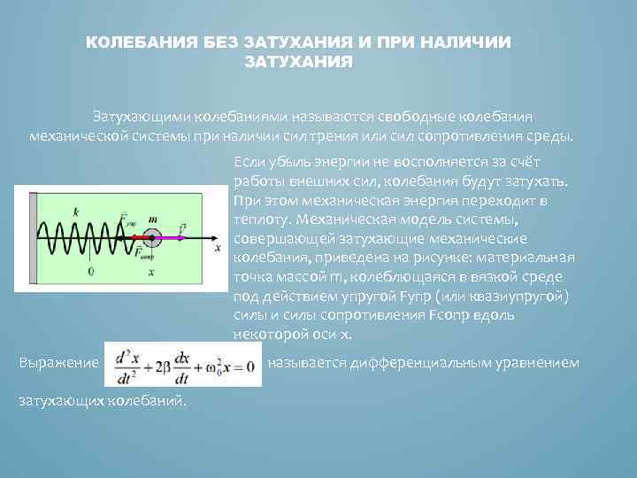 КОЛЕБАНИЯ БЕЗ ЗАТУХАНИЯ И ПРИ НАЛИЧИИ ЗАТУХАНИЯ Затухающими колебаниями называются свободные колебания механической системы