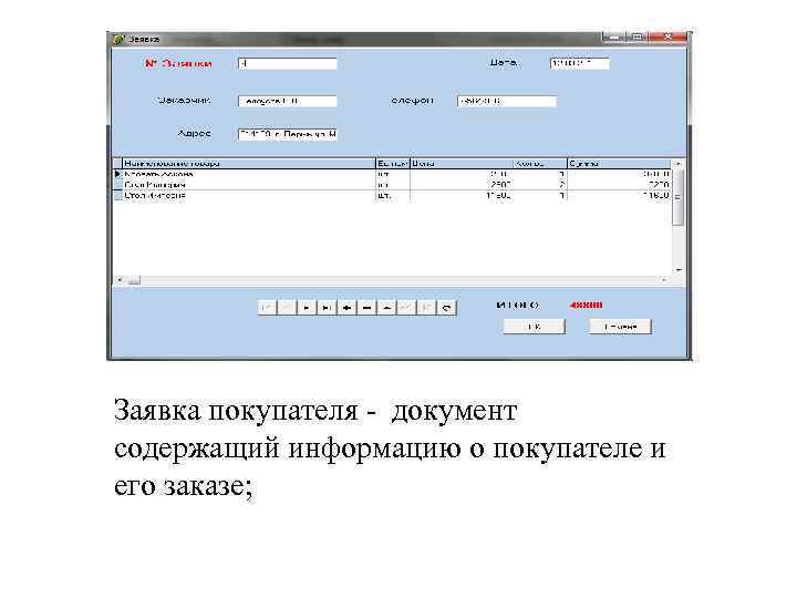 Заявка покупателя - документ содержащий информацию о покупателе и его заказе; 