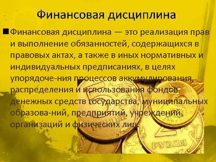 Финансовая дисциплина n Финансовая дисциплина — это реализация прав и выполнение обязанностей, содержащихся в