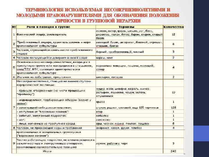 ТЕРМИНОЛОГИЯ ИСПОЛЬЗУЕМАЯ НЕСОВЕРШЕННОЛЕТНИМИ И МОЛОДЫМИ ПРАВОНАРУШИТЕЛЯМИ ДЛЯ ОБОЗНАЧЕНИЯ ПОЛОЖЕНИЯ ЛИЧНОСТИ В ГРУППОВОЙ ИЕРАРХИИ 
