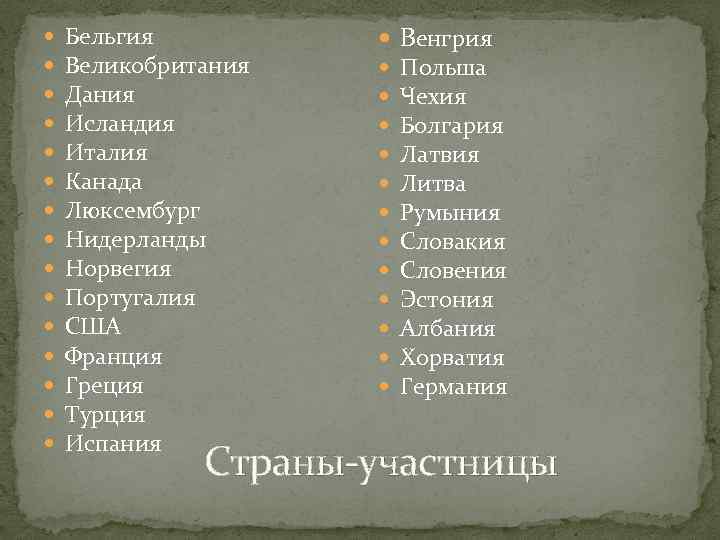  Бельгия Великобритания Дания Исландия Италия Канада Люксембург Нидерланды Норвегия Португалия США Франция Греция