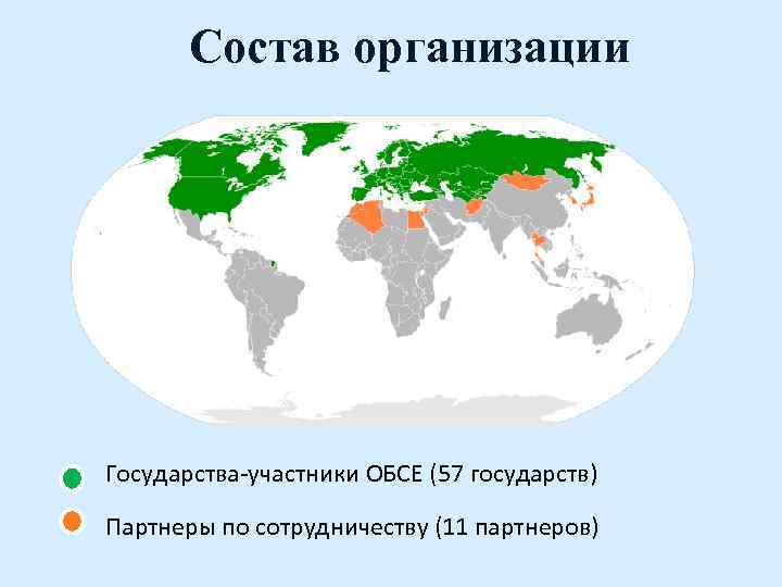 Состав организации Государства-участники ОБСЕ (57 государств) Партнеры по сотрудничеству (11 партнеров) 