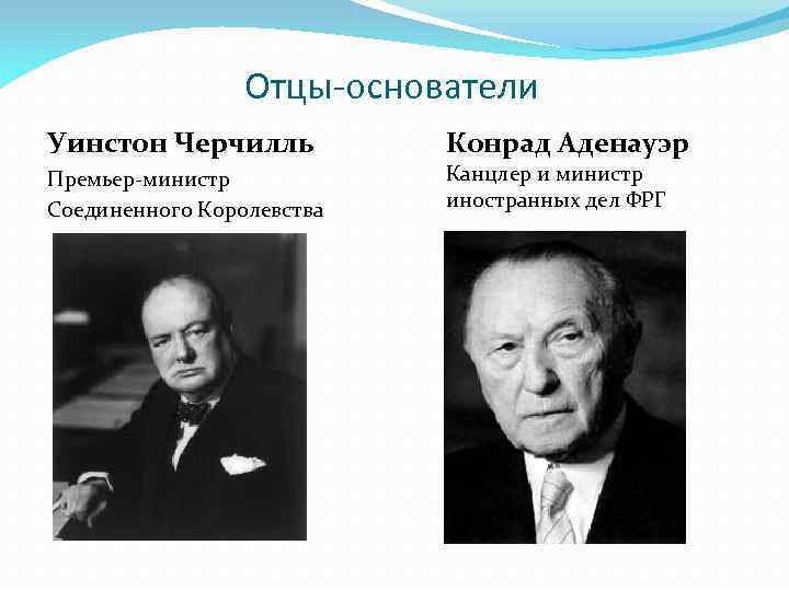 Отцы-основатели Уинстон Черчилль Премьер-министр Соединенного Королевства Конрад Аденауэр Канцлер и министр иностранных дел ФРГ