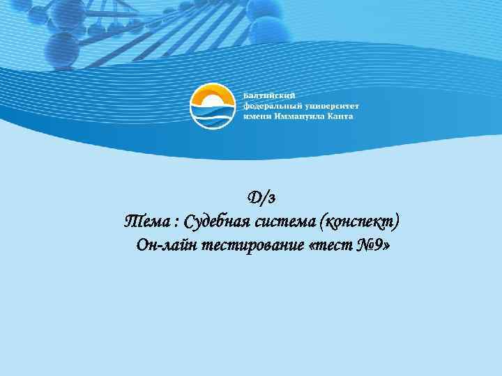Д/з Тема : Судебная система (конспект) Он-лайн тестирование «тест № 9» 