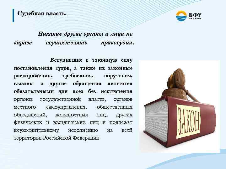 Судебная власть. Никакие другие органы и лица не вправе осуществлять правосудия. Вступившие в законную