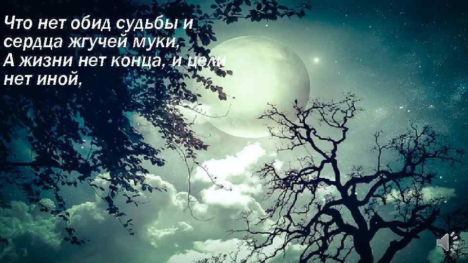 Что нет обид судьбы и сердца жгучей муки, А жизни нет конца, и цели