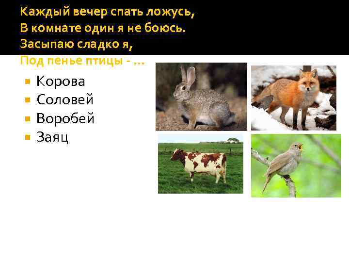 Каждый вечер спать ложусь, В комнате один я не боюсь. Засыпаю сладко я, Под