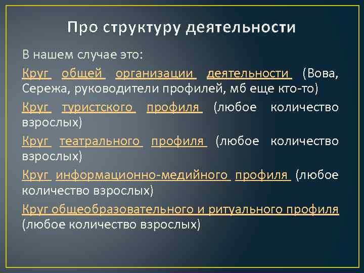 Про структуру деятельности В нашем случае это: Круг общей организации деятельности (Вова, Сережа, руководители