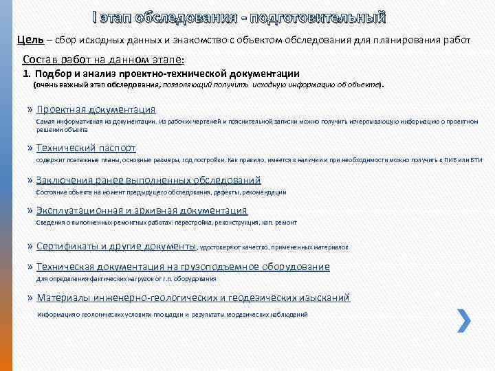 I этап обследования - подготовительный Цель – сбор исходных данных и знакомство с объектом