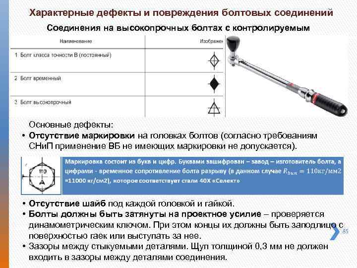 Характерные дефекты и повреждения болтовых соединений Соединения на высокопрочных болтах с контролируемым натяжением Основные