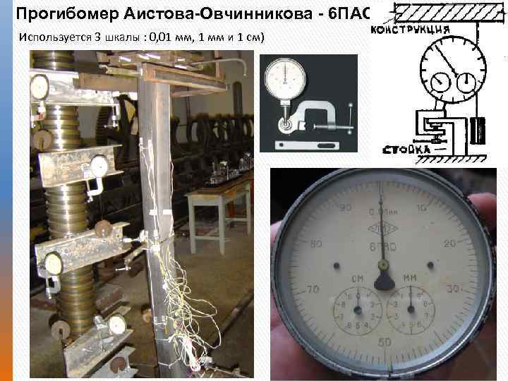 Прогибомер Аистова-Овчинникова - 6 ПАО Используется 3 шкалы : 0, 01 мм, 1 мм