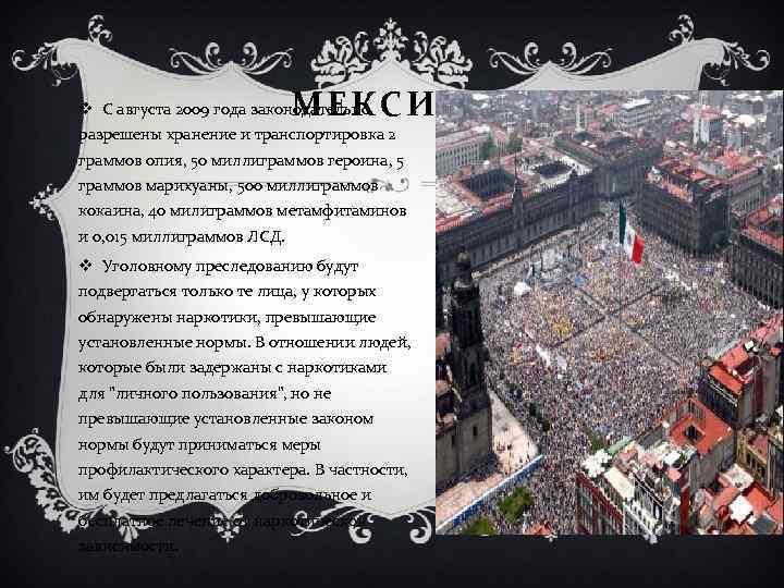 МЕКСИКА v С августа 2009 года законодательно разрешены хранение и транспортировка 2 граммов опия,