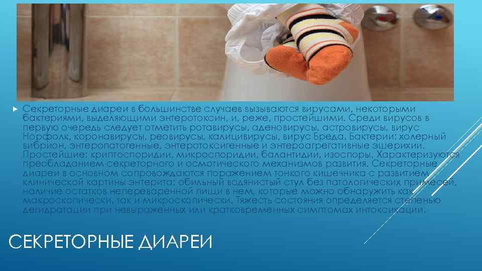  Секреторные диареи в большинстве случаев вызываются вирусами, некоторыми бактериями, выделяющими энтеротоксин, и, реже,