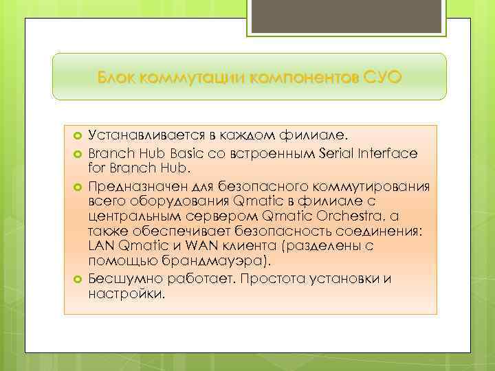 Блок коммутации компонентов СУО Устанавливается в каждом филиале. Branch Hub Вasic со встроенным Serial