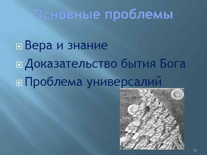 Основные проблемы Вера и знание Доказательство бытия Бога Проблема универсалий 32 