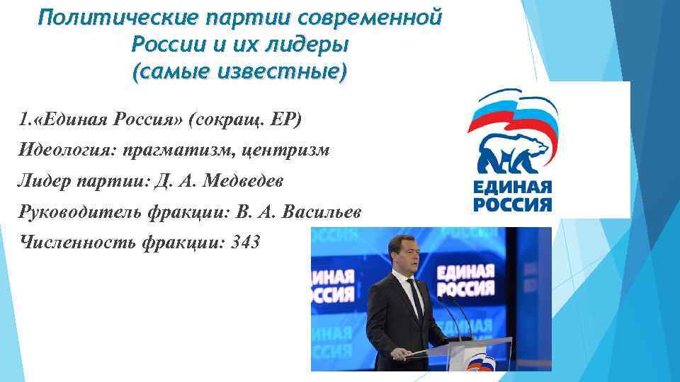 Политические партии современной России и их лидеры (самые известные) 1. «Единая Россия» (сокращ. ЕР)