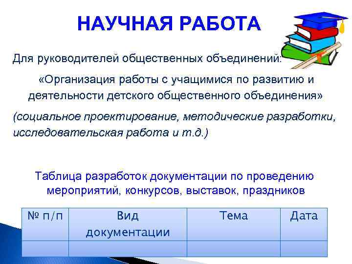 НАУЧНАЯ РАБОТА Для руководителей общественных объединений: «Организация работы с учащимися по развитию и деятельности