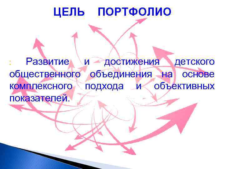 ЦЕЛЬ ПОРТФОЛИО Развитие и достижения детского общественного объединения на основе комплексного подхода и объективных